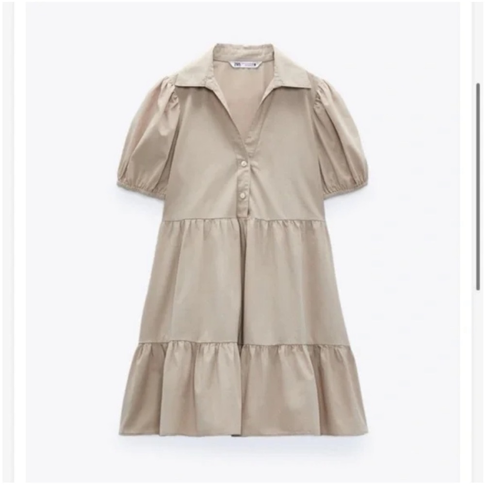 Zara Beige Puff-Sleeve Tiered Mini Dress